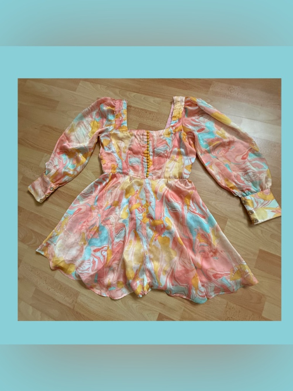 1970s vintage homemade Pastel Marble Puff-Sleeve Dress - Pink & Blue
